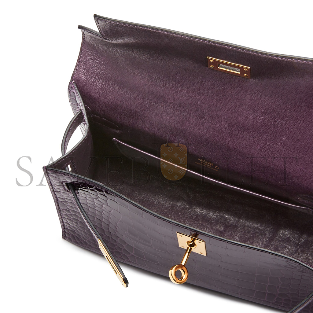 H**mes master amethyst kelly pochette in shiny alligator mississippiensis with gold hardware (22*14*7cm)